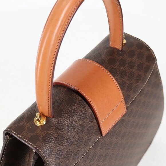 CELINE Circle Macadam Canvas Hand Bag PVC Leather 2way Brown Gold Auth 122270AV - Picture 7 of 15